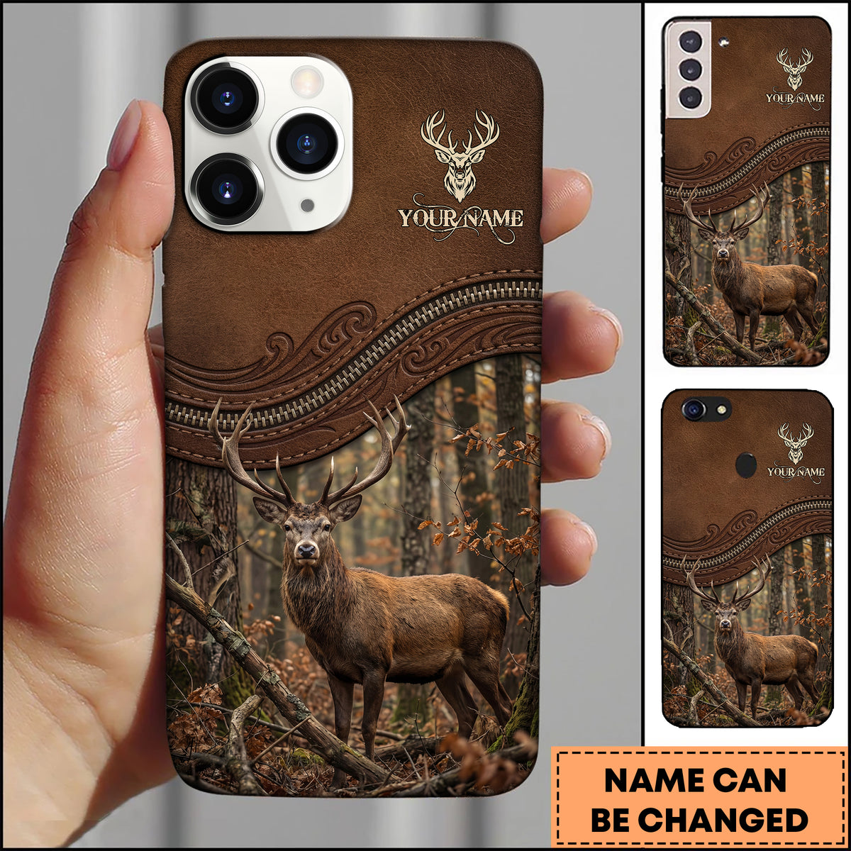 Blisscorners Artist Hunting Deer Zipper Leather Dark Brown Autumn Forest Personalized Name Phone Case