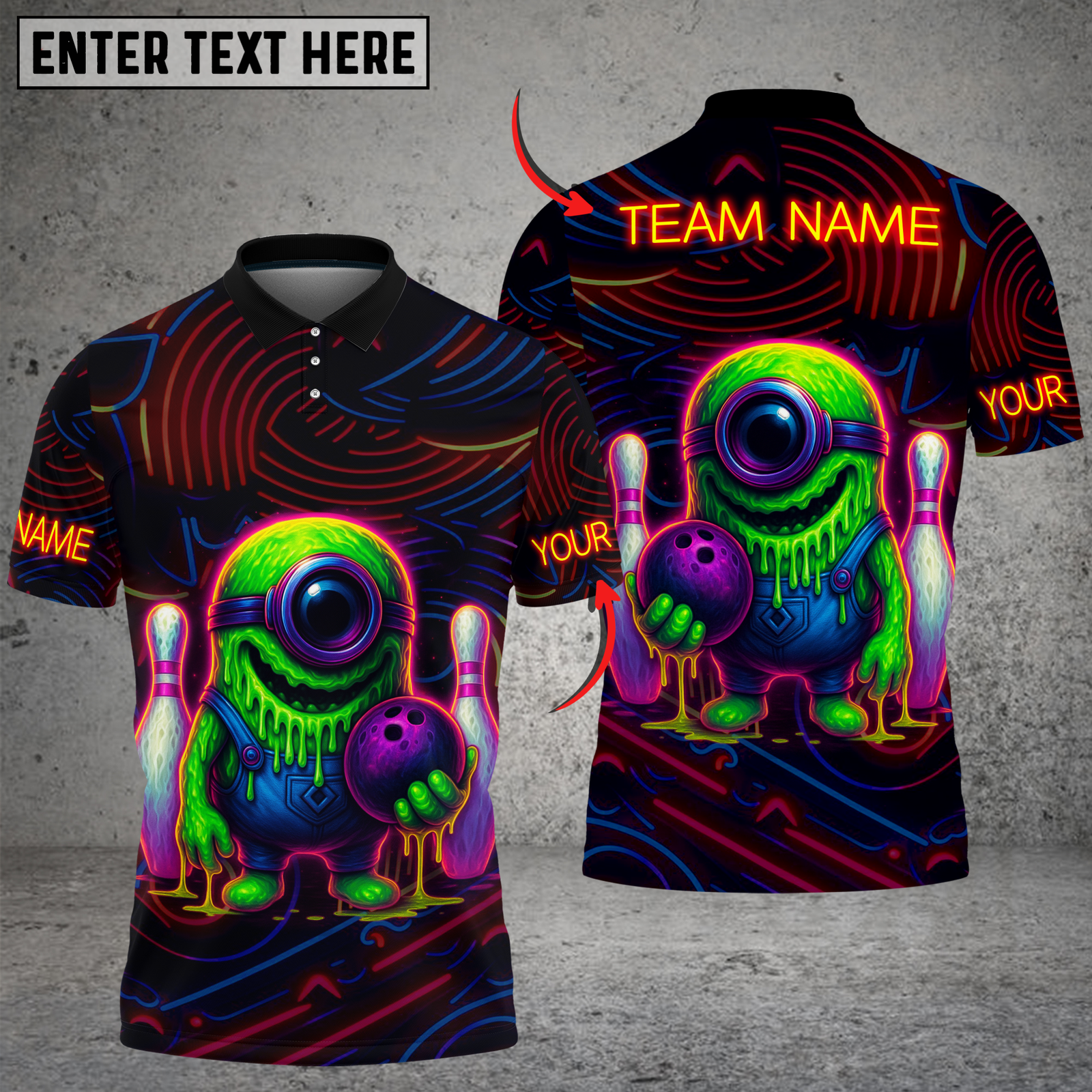 Blisscorners Bowling Neon Monster with Bowling Ball and Pins Multicolor Customized Name, Team Name 3D Shirts