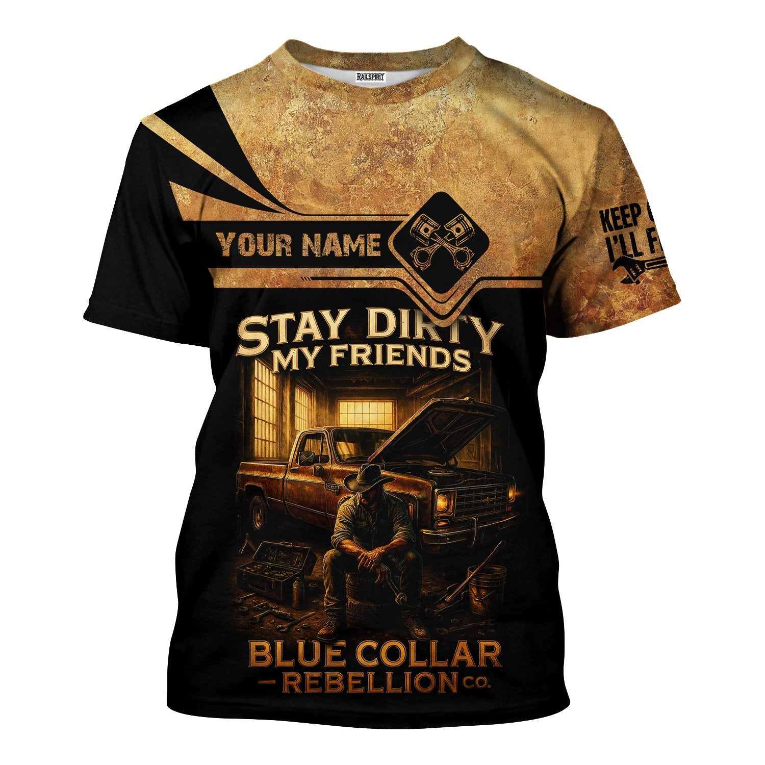Blisscorners Customizable Name Mechanic Shirt, Stay Dirty My Friends Shirt, Blue Collar Rebellion, Mechanic & Worker Shirt for Men, Unique Gift for Truck Lovers