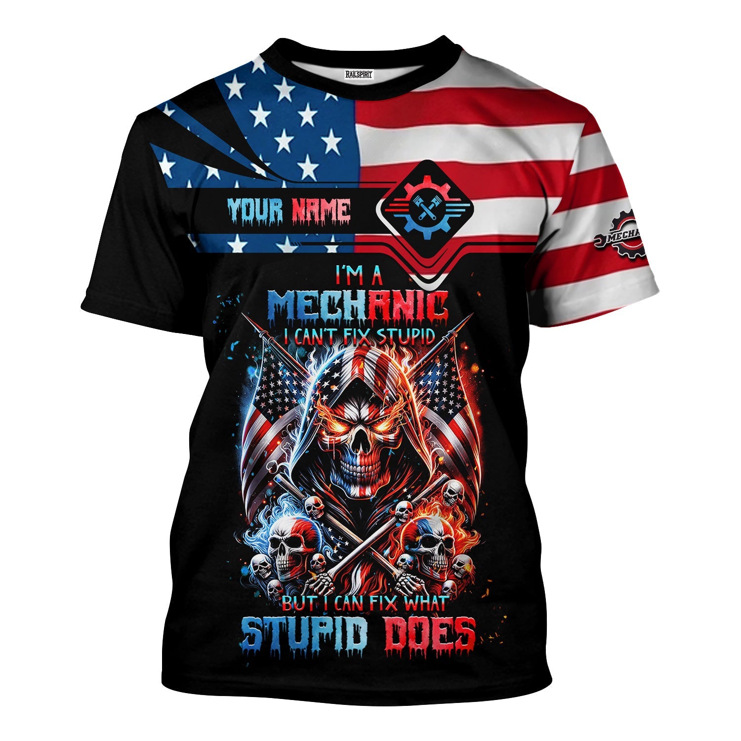 Blisscorners Custom Mechanic Shirt, Fix Stupid Design, Personalized Name, American Flag Skull Graphic, Funny Mechanic T-shirt for Men & Women