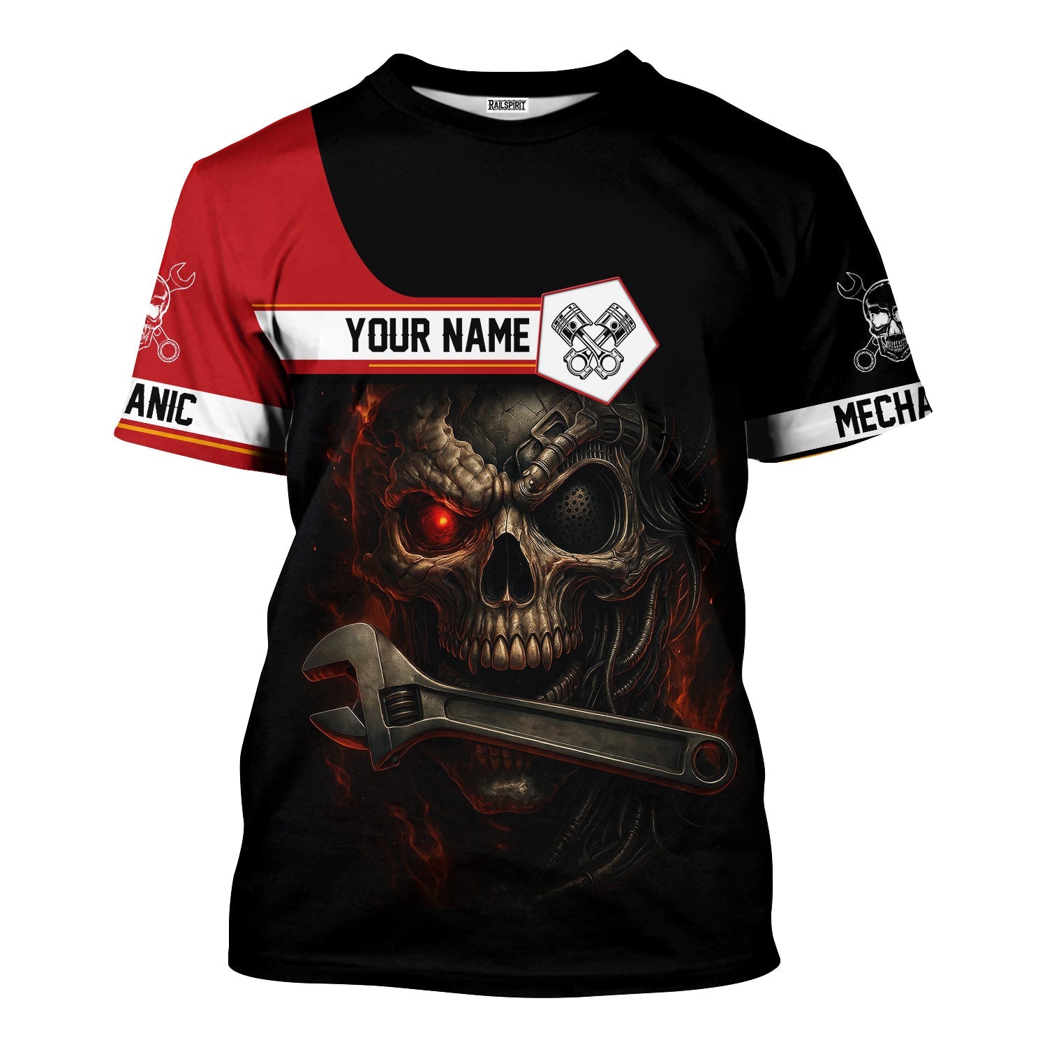 Blisscorners Custom Name Mechanic Shirt Cyber Skull with Wrench Design T Shirt