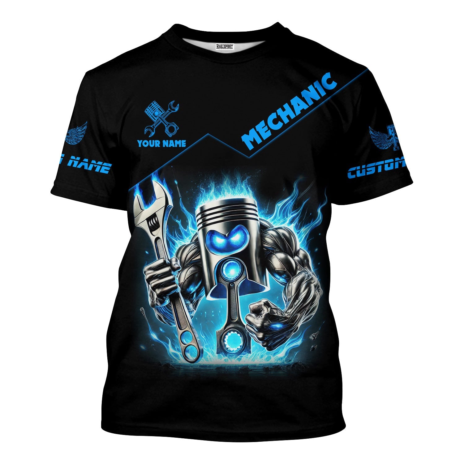 Blisscorners Custom Name Mechanic Shirt Blue Flame Muscle Engine Piston Holding Wrench T Shirt