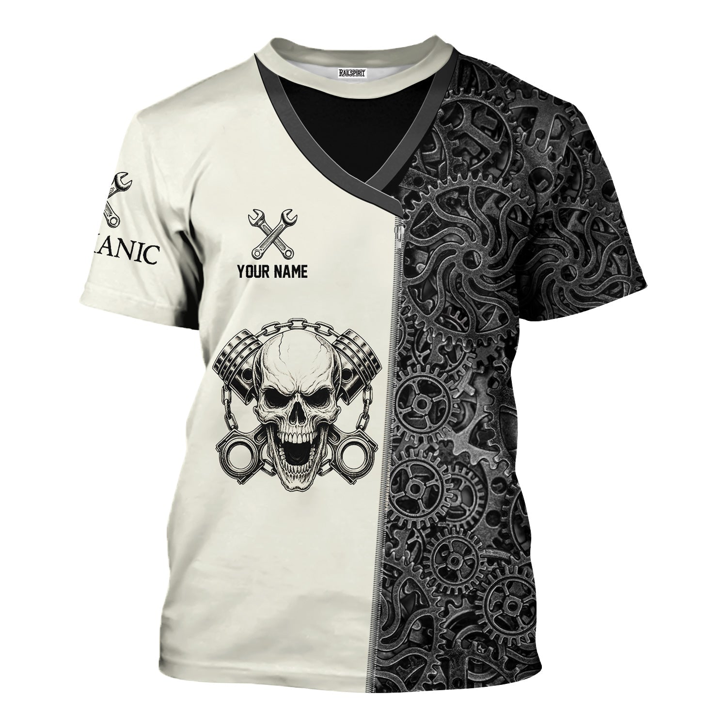 Blisscorners Custom Name Mechanic Shirt Skull with Engine Piston Design Gear Pattern T Shirt All Over Printed