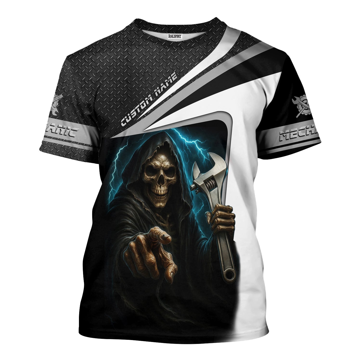 Blisscorners Custom Name Mechanic Shirt Grim Reaper Holding Wrench with Thunder Design T Shirt