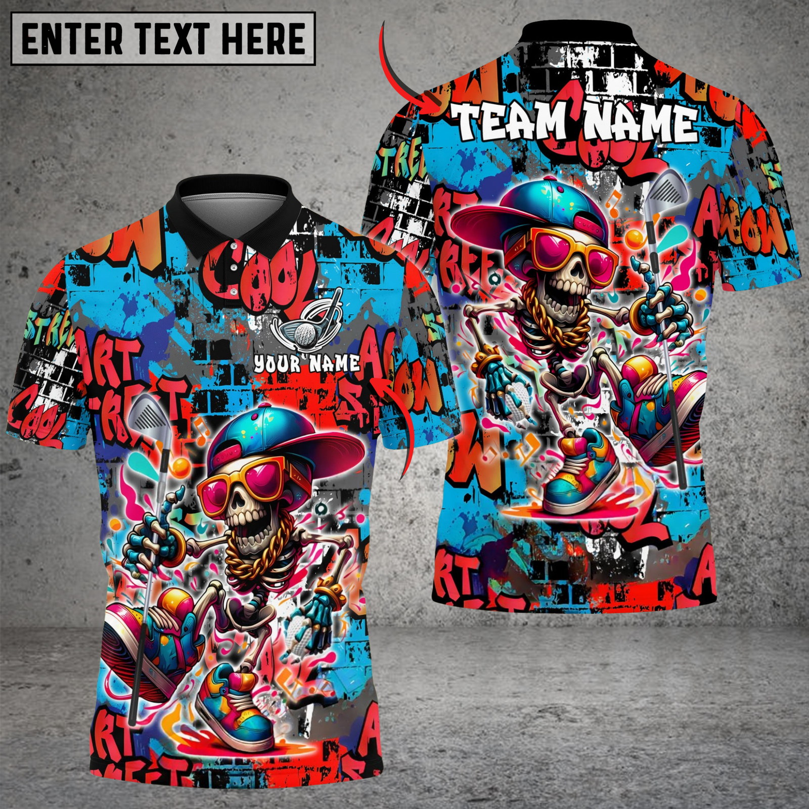 Blisscorners Street Swing Skeleton Funny Golf Polo Shirt, Customized Name & Team Name 3D Shirts (4 Colors)