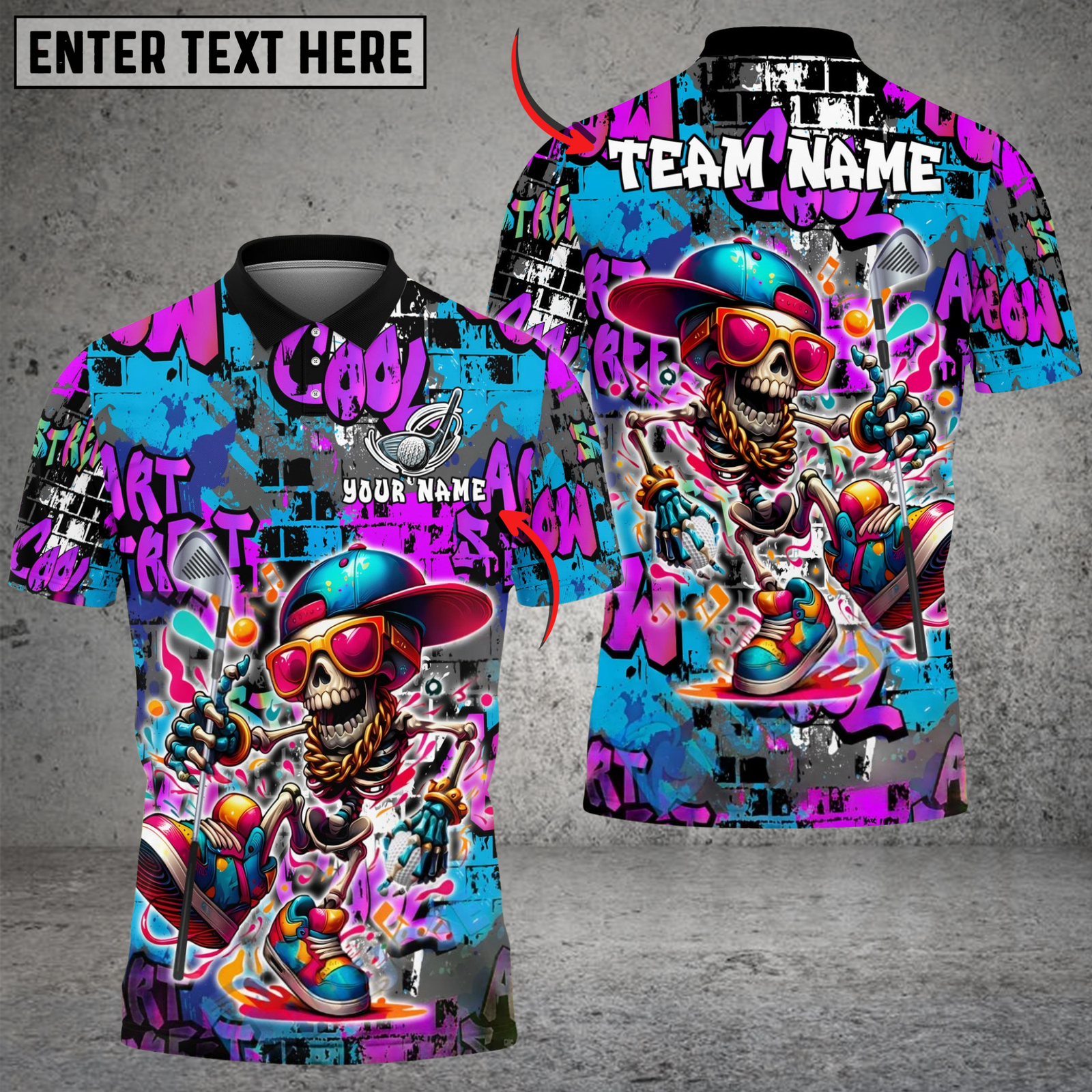 Blisscorners Street Swing Skeleton Funny Golf Polo Shirt, Customized Name & Team Name 3D Shirts (4 Colors)
