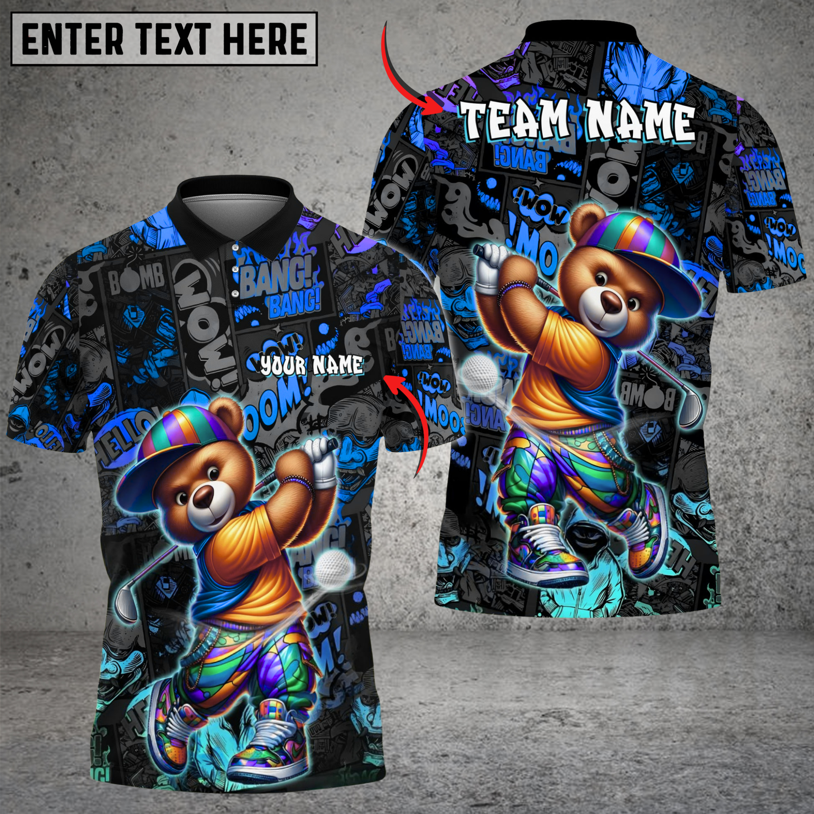 Blisscorners Graffiti Golfer Teddy Funny Golf Polo Shirt, Custom Name & Team Name 3D Shirts