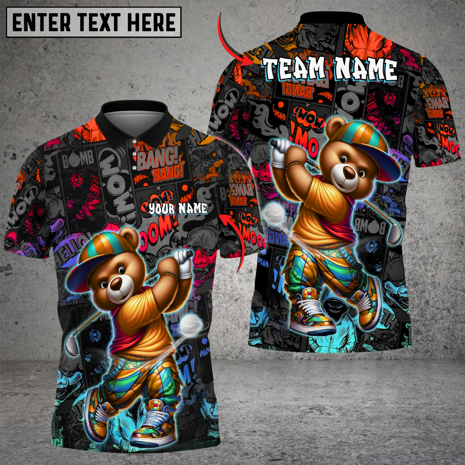 Blisscorners Graffiti Golfer Teddy Funny Golf Polo Shirt, Custom Name & Team Name 3D Shirts