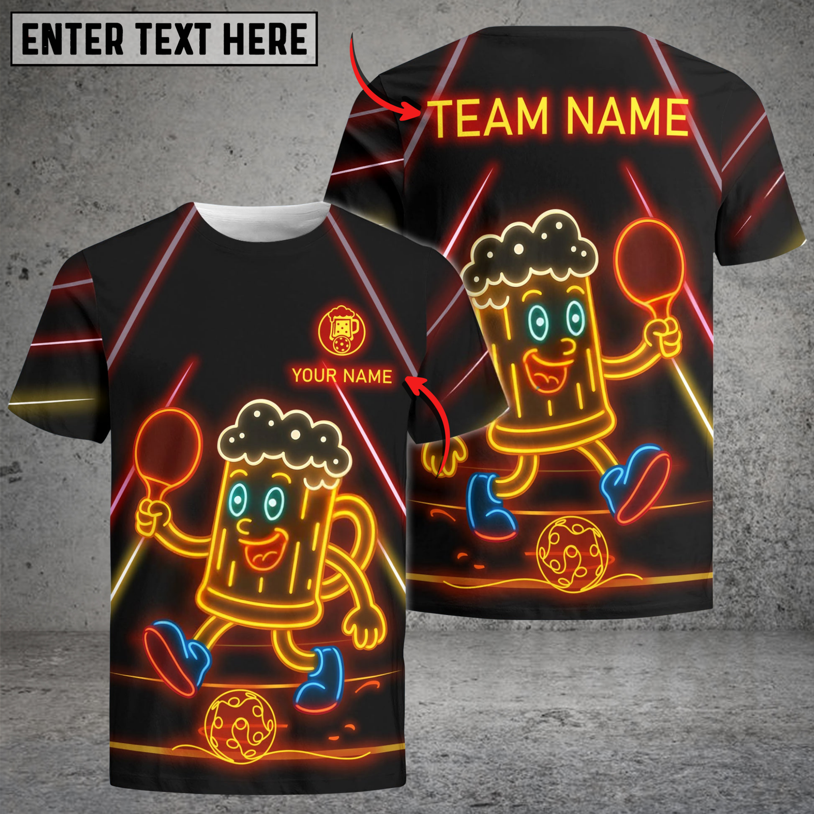 Blisscorners Funny Beer Pickleball Shirt Neon Mascot Style Multicolor Options Customized Name & Team Name 3D Shirts