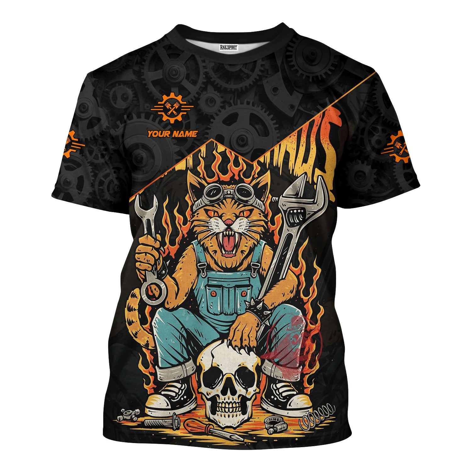 Blisscorners Personalized Mechanic Shirt Custom Name Funny Cat Skull Wrench Flames Auto Repair Garage Workwear Tee Car Repair Shirt Gift For Men Dad