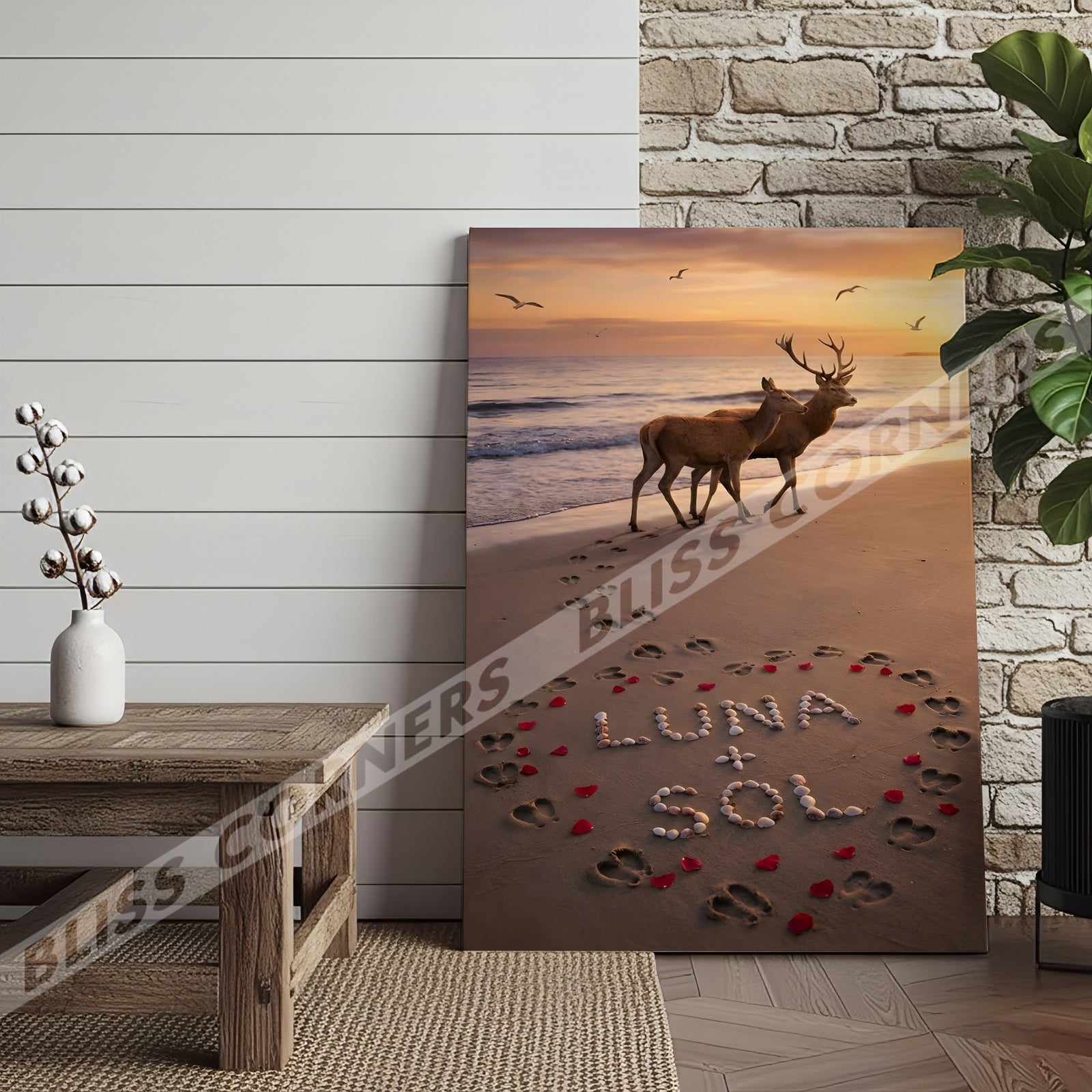 Blisscorners Deer Couple Beach Sunset Love Footprints Personalized Name Canvas