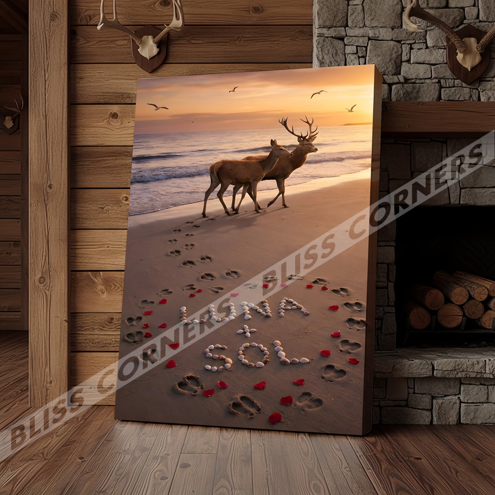 Blisscorners Deer Couple Beach Sunset Love Footprints Personalized Name Canvas