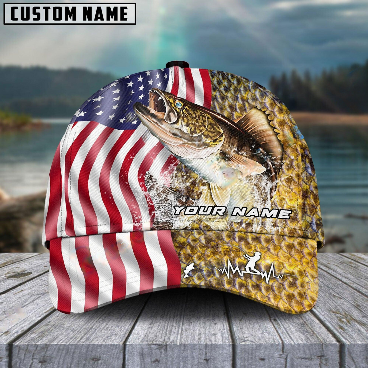 Blisscorners Walleyes Skin American Flag Fishing Customized Name Classic 3D Cap