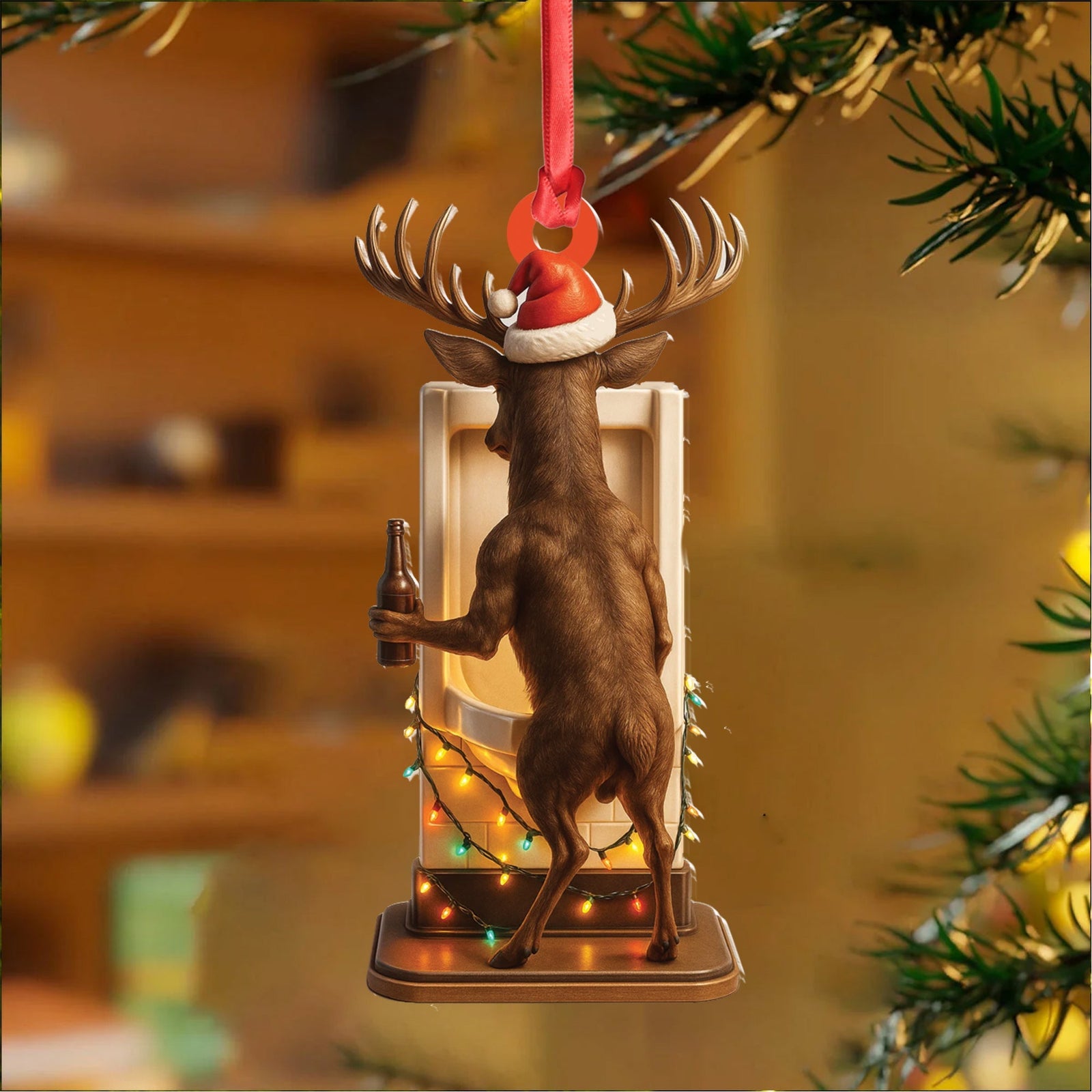 Blisscorners Personalized Acrylic Deer Christmas Ornament - Funny Buck with Santa Hat Drinking Beer by Urinal Holiday Decor LM0411