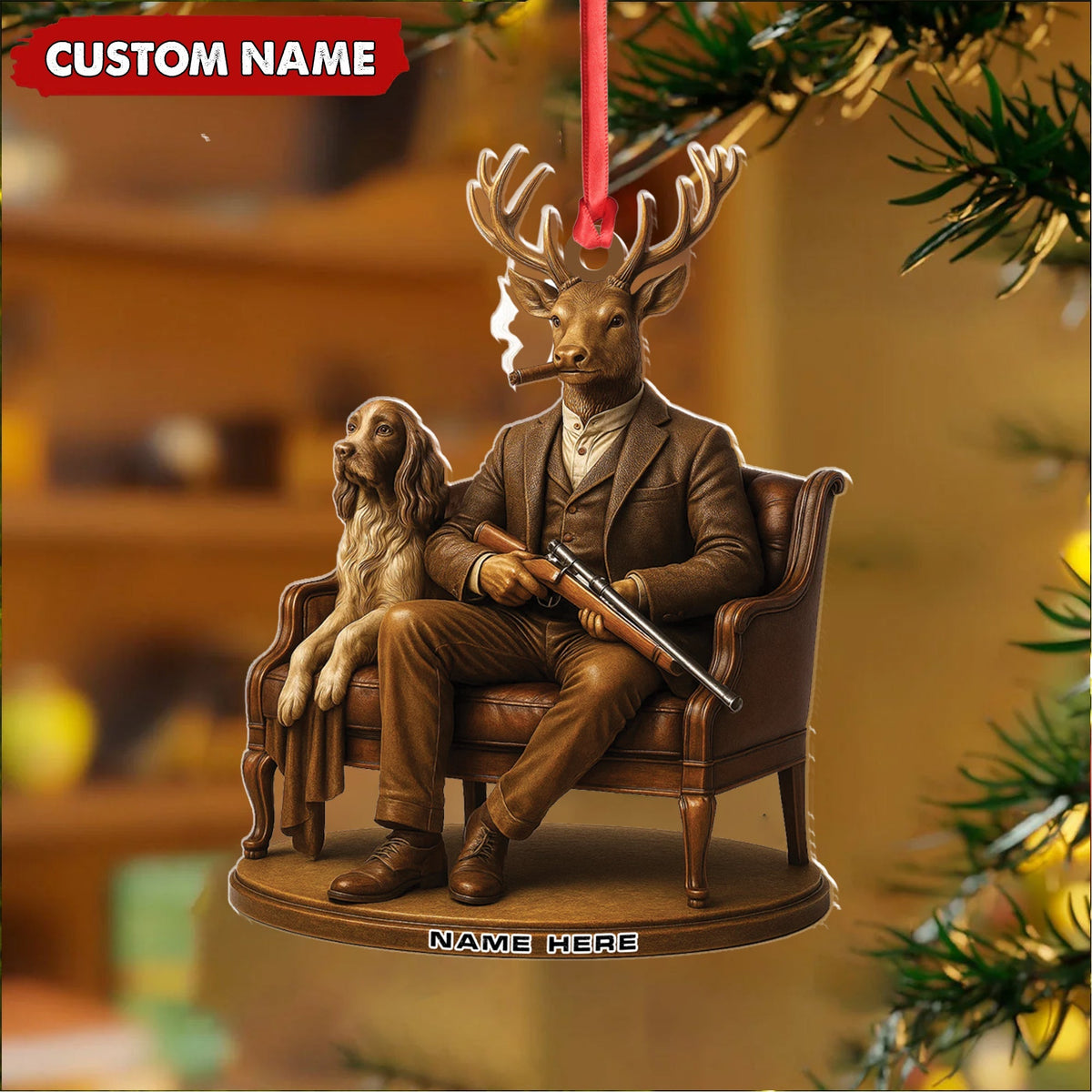 Blisscorners Personalized Acrylic Deer Christmas Ornament - Elegant Hunter Buck with Dog Holding Rifle Holiday Decor 2D Flat