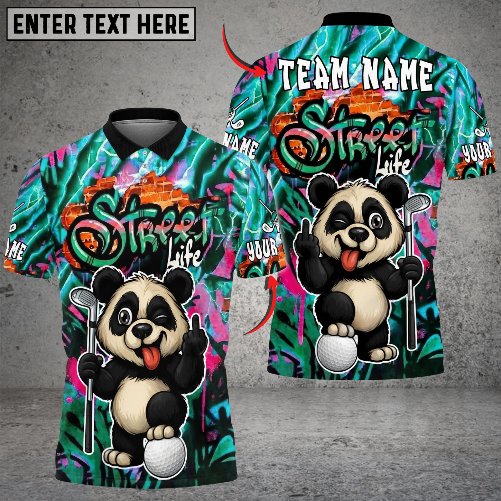 Blisscorners Street Swing Panda Golf Polo Shirt, Customized Name & Team Name 3D Shirts (4 Colors)