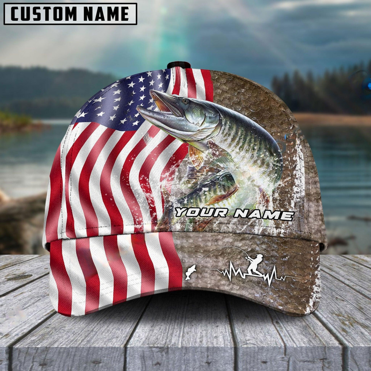 Blisscorners Musky Skin American Flag Fishing Customized Name Classic 3D Cap