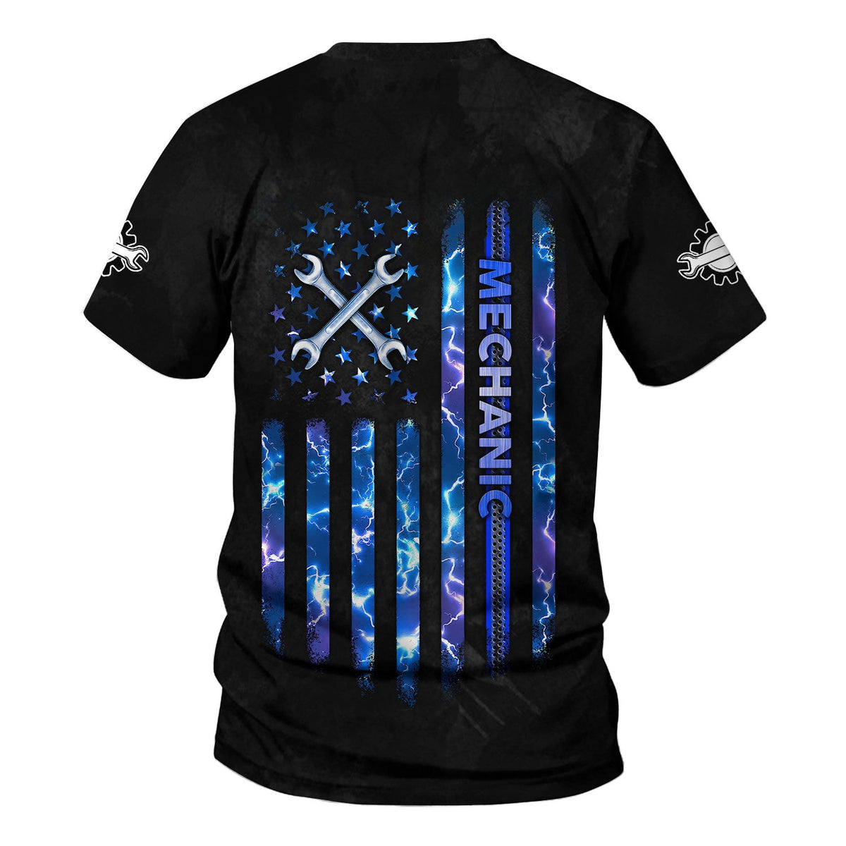 Blisscorners American Flag Mechanic Shirt, Blue Lightning & Tools Graphic, Perfect Patriotic Gift Shirt for Auto Repair Workers & Garage Fans