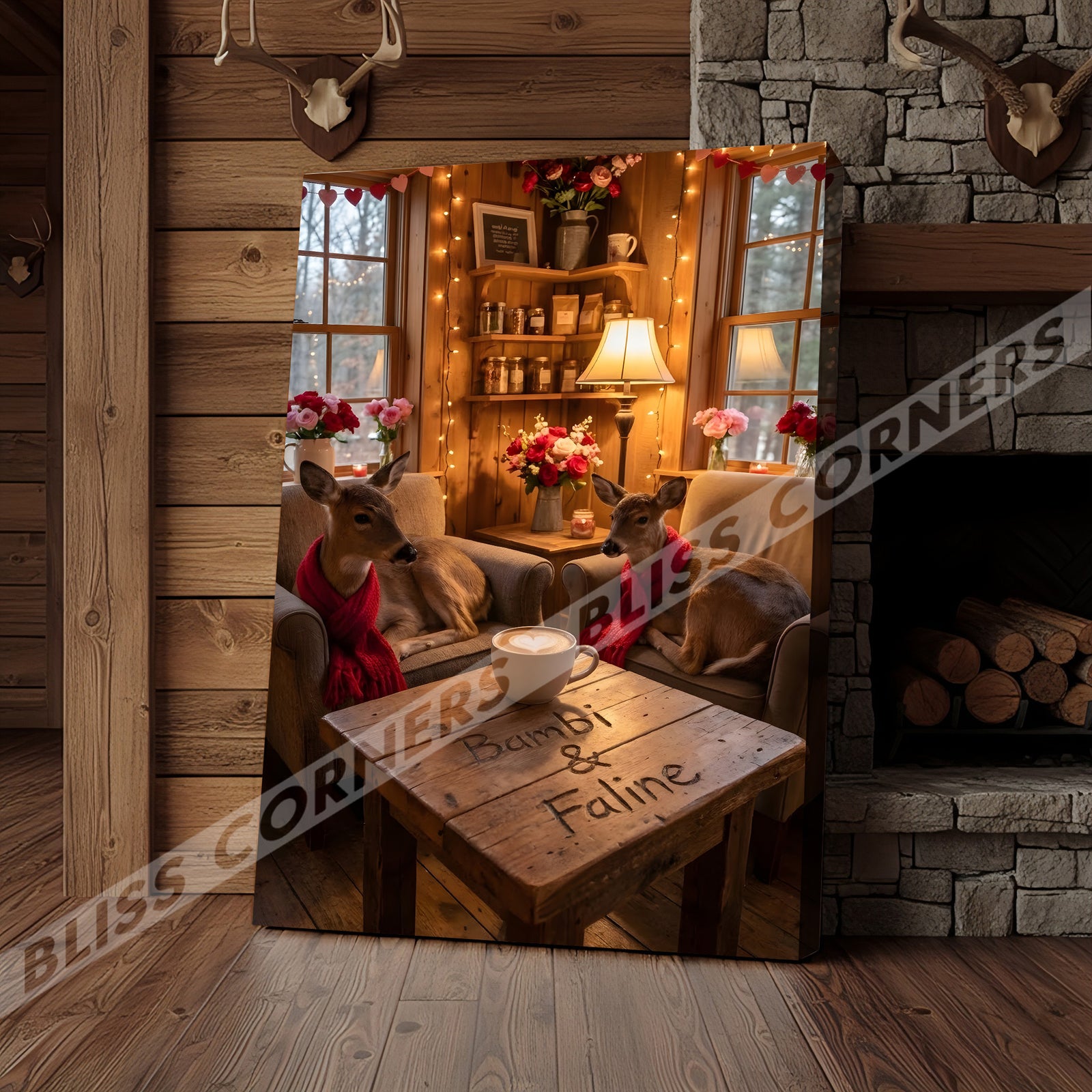 Blisscorners Cozy Deer Couple Cabin Coffee Scene Personalized Name Canvas