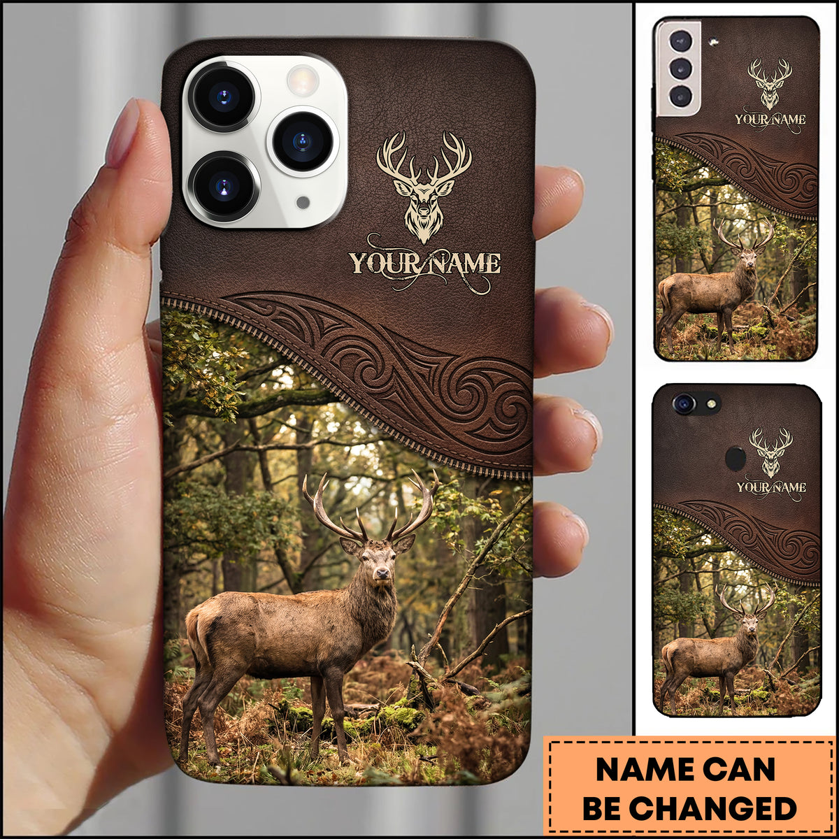 Blisscorners Artist Hunting Deer Zipper Leather Dark Brown Sunlit Forest Personalized Name Phone Case