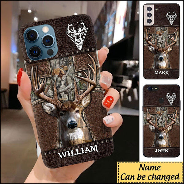 Blisscorners Deer Hunting Leather Cross Personalized Name Phone Case LM0912