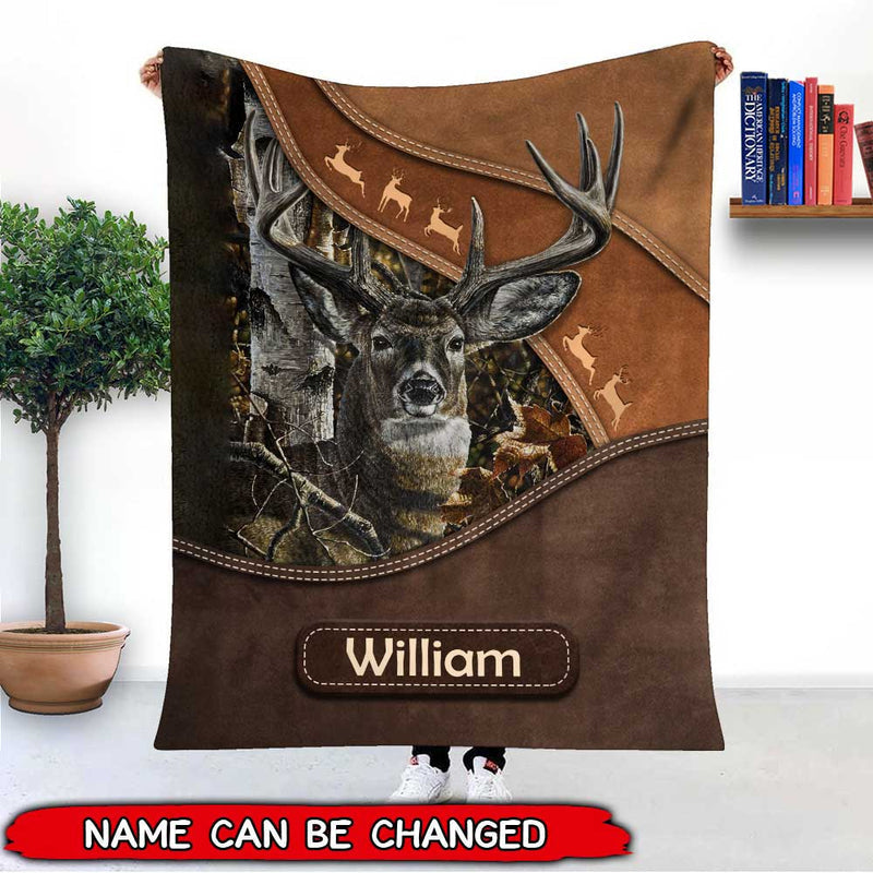 Blisscorners Personalized Deer Hunting Enter Your Name Leather Pattern - Blanket