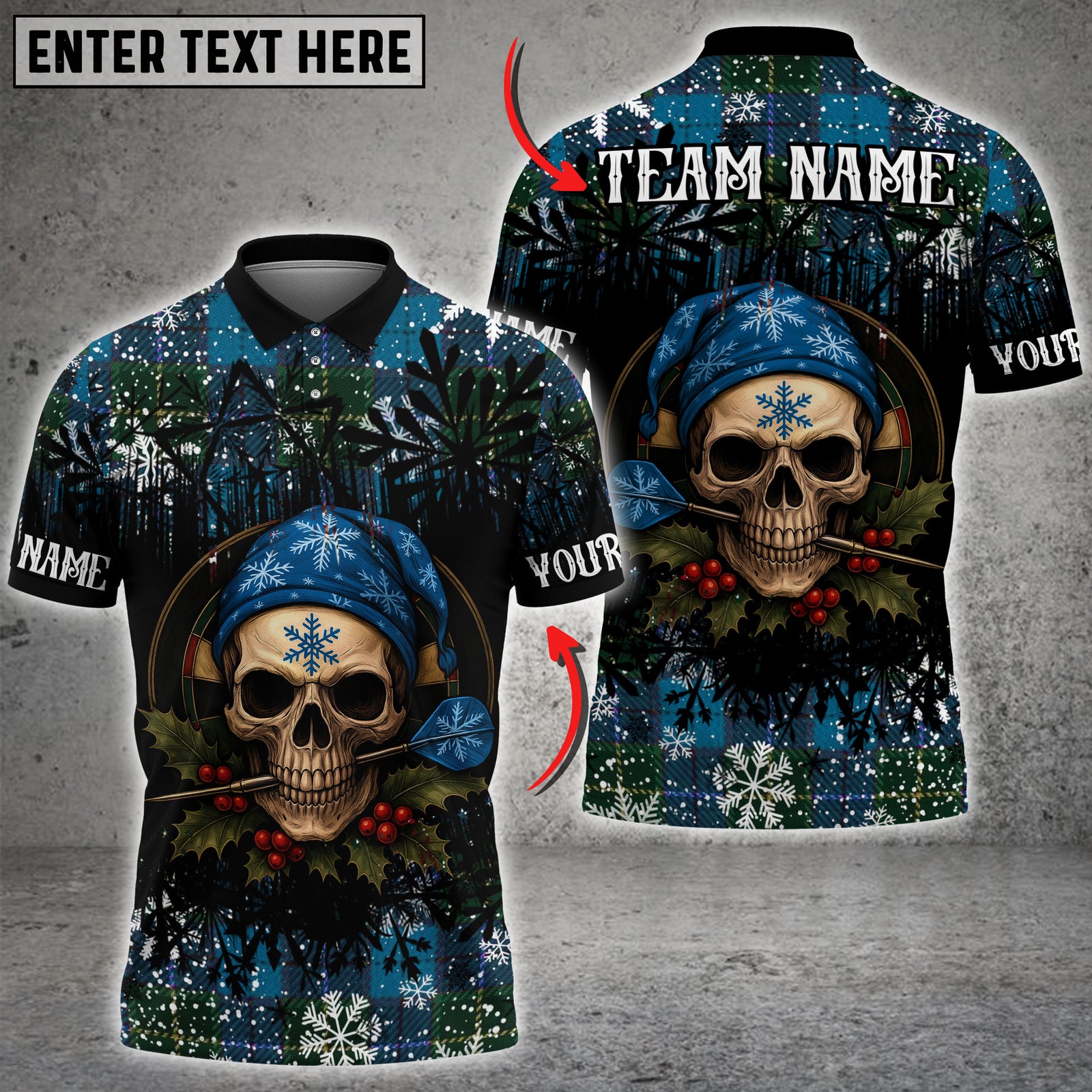Blisscorners Darts Christmas Skull Plaid Multicolor Customized Name, Team Name 3D Shirt