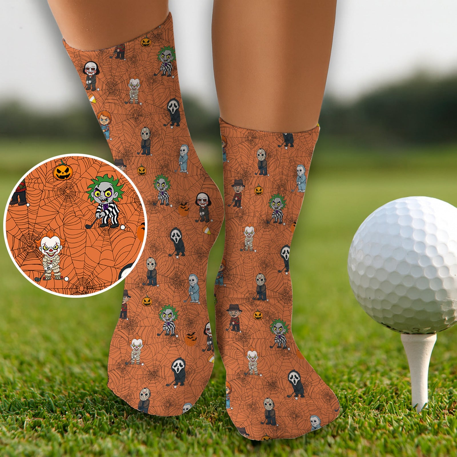 Blisscorners Classic Horror Characters Orange Golf Socks, Christmas Golf Gift, Halloween Gift Idea, Golfing ApparelLM2611