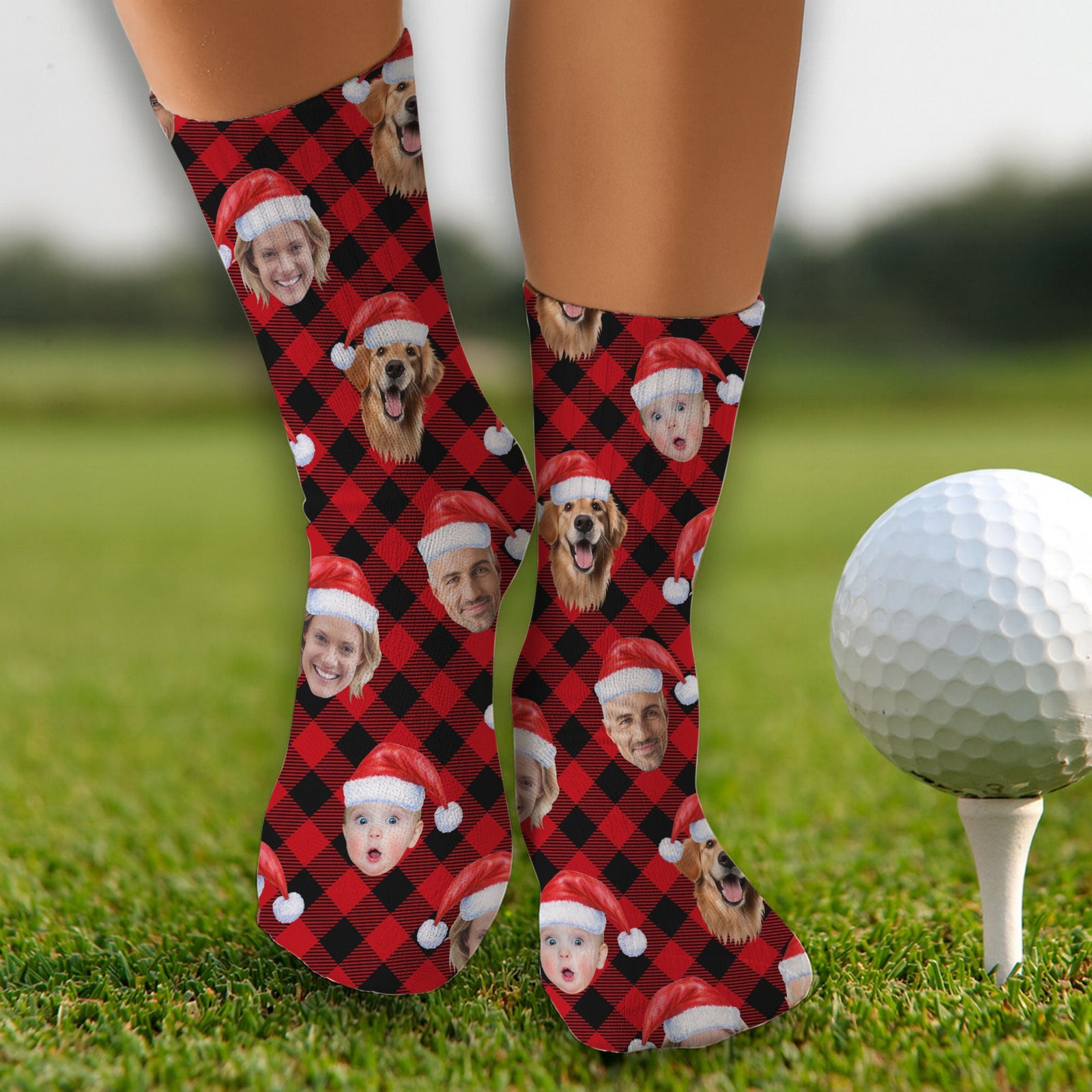 Blisscorners Custom Face Red And Black Checkered Golf Socks, Christmas Golf Socks, Christmas Golf GiftLM2611