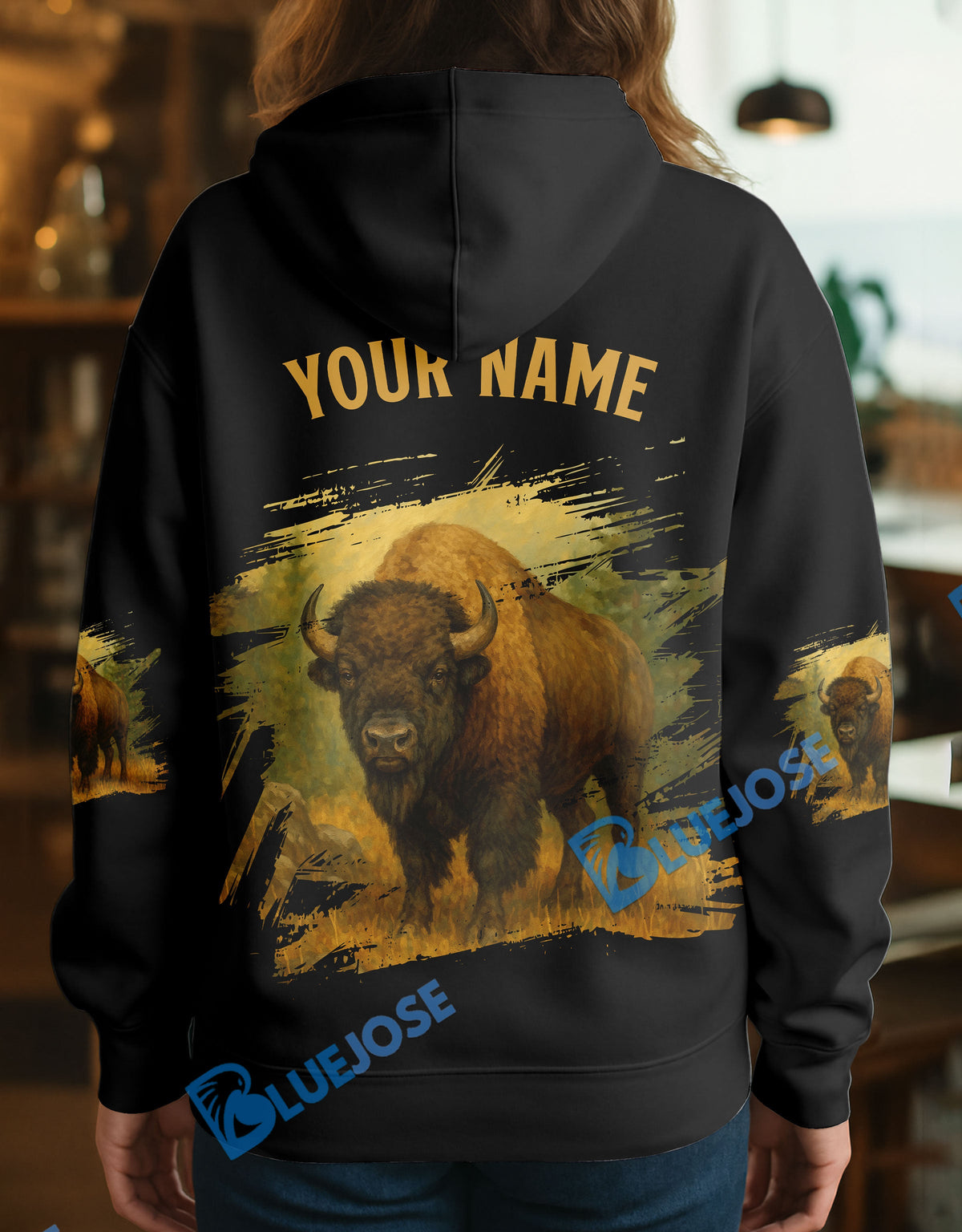 Blisscorners Black Bison Hunter Personalized Name Hoodie For Hunting Lover