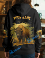 Blisscorners Black Bison Hunter Personalized Name Hoodie For Hunting Lover