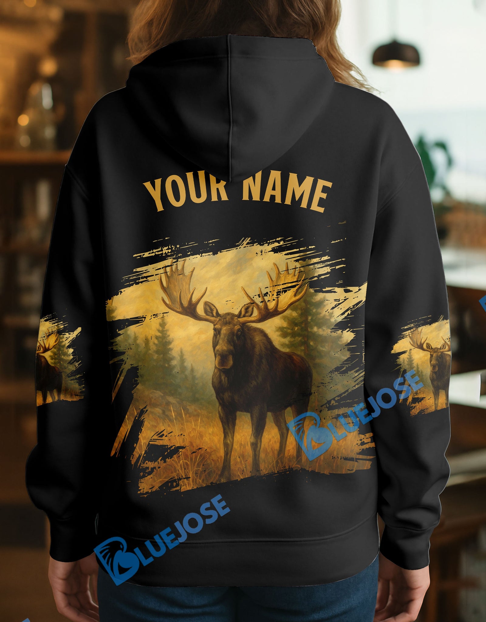 Blisscorners Black Moose Hunter Personalized Name Hoodie For Hunting Lover