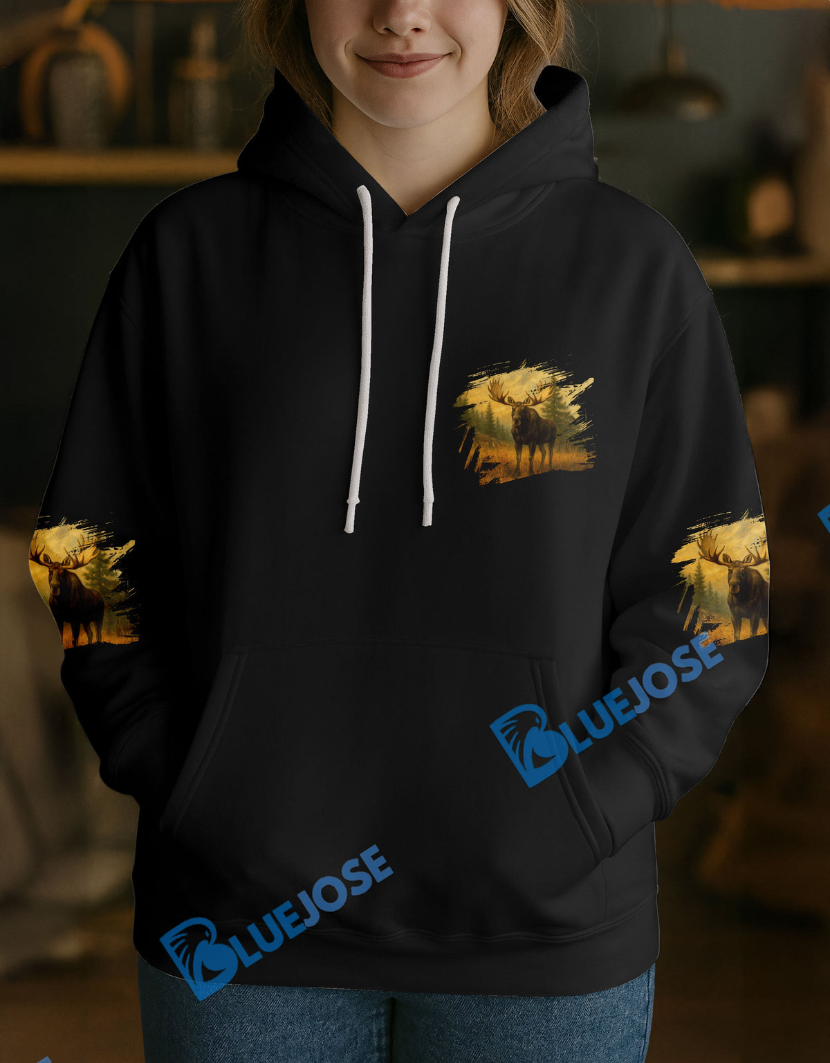 Blisscorners Black Moose Hunter Personalized Name Hoodie For Hunting Lover