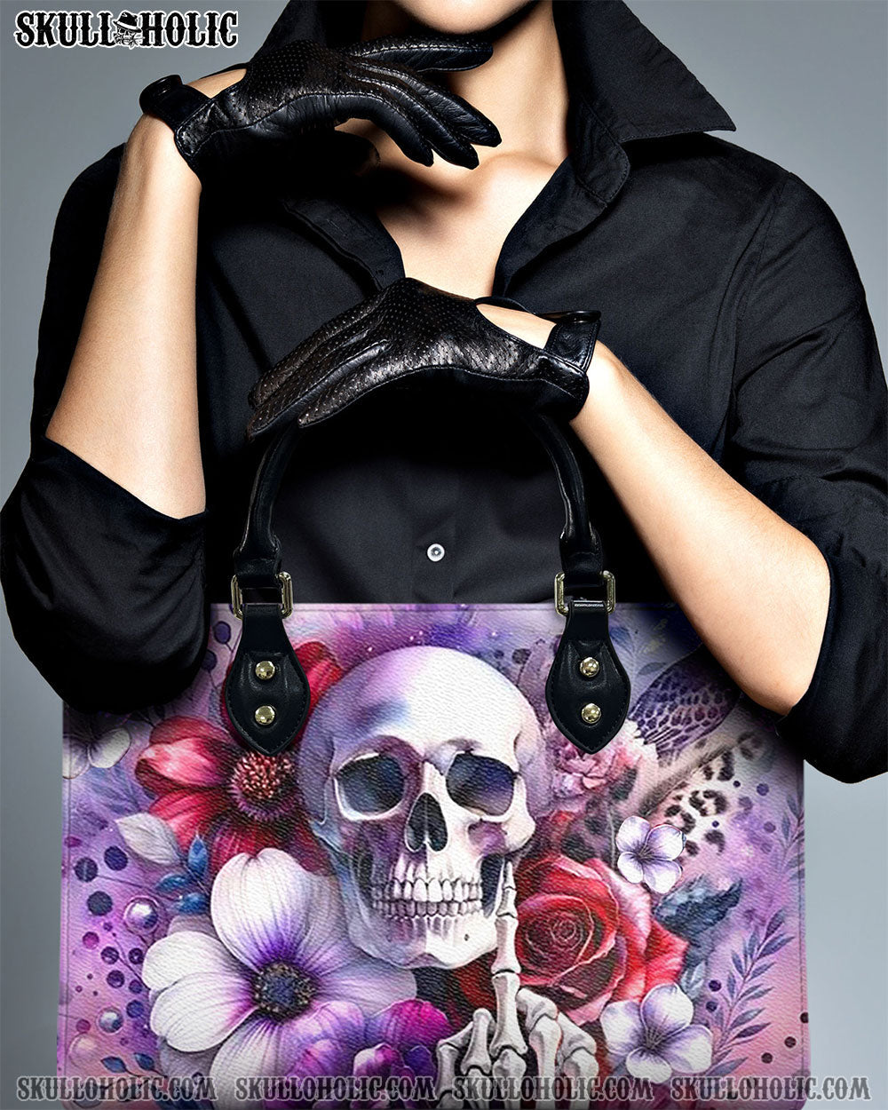 BLISSCORNERS SKULL FLOWERS LEATHER HANDBAG