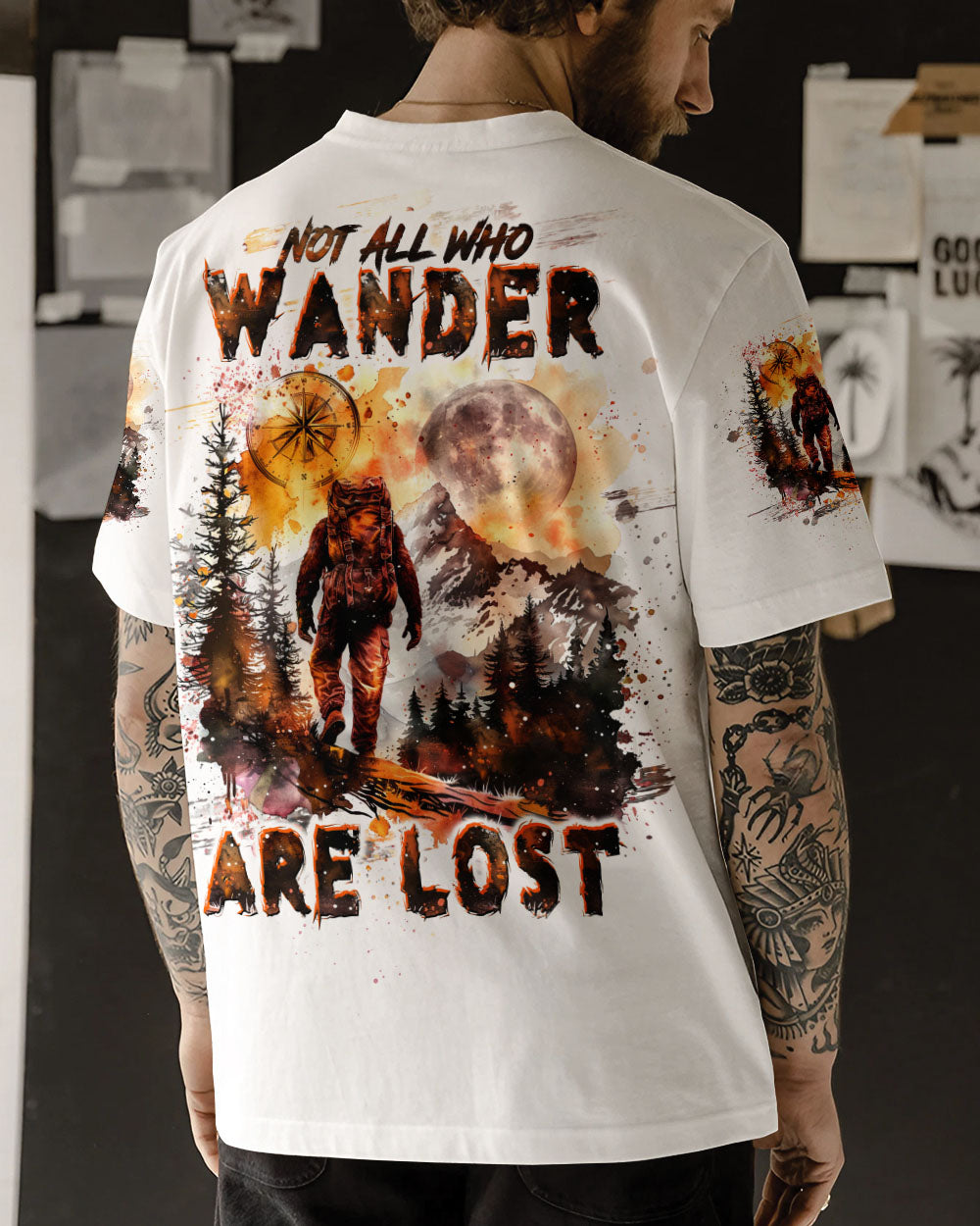 BLISSCORNERS NOT ALL WHO WANDER ARE LOST BIGFOOT COMPASS ALL OVER PRINT