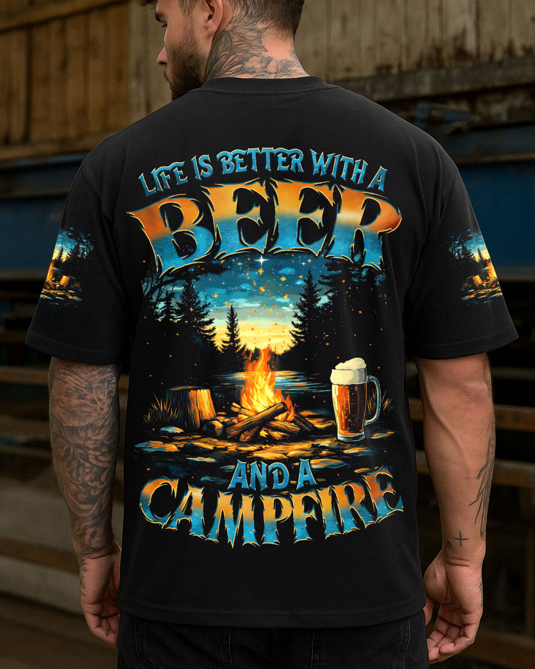 BLISSCORNERS LIFE IS BETTER WITH A BEER AND A CAMPFIRE ALL OVER PRINT