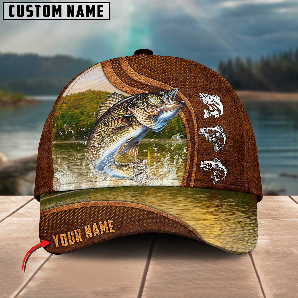 Blisscorners Personalized Walleye Fishing Water Leather Pattern Classic 3D Cap