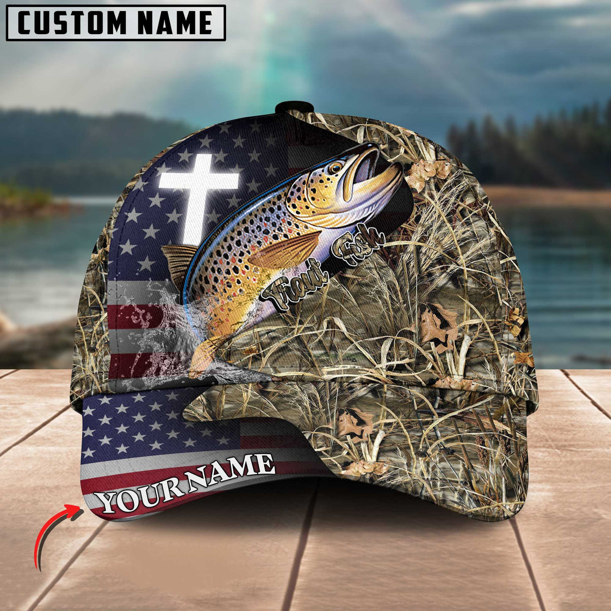 Blisscorners Personalized Trout Fish Fishing Grass Camo And US Flag Pattern Premium Classic 3D Cap