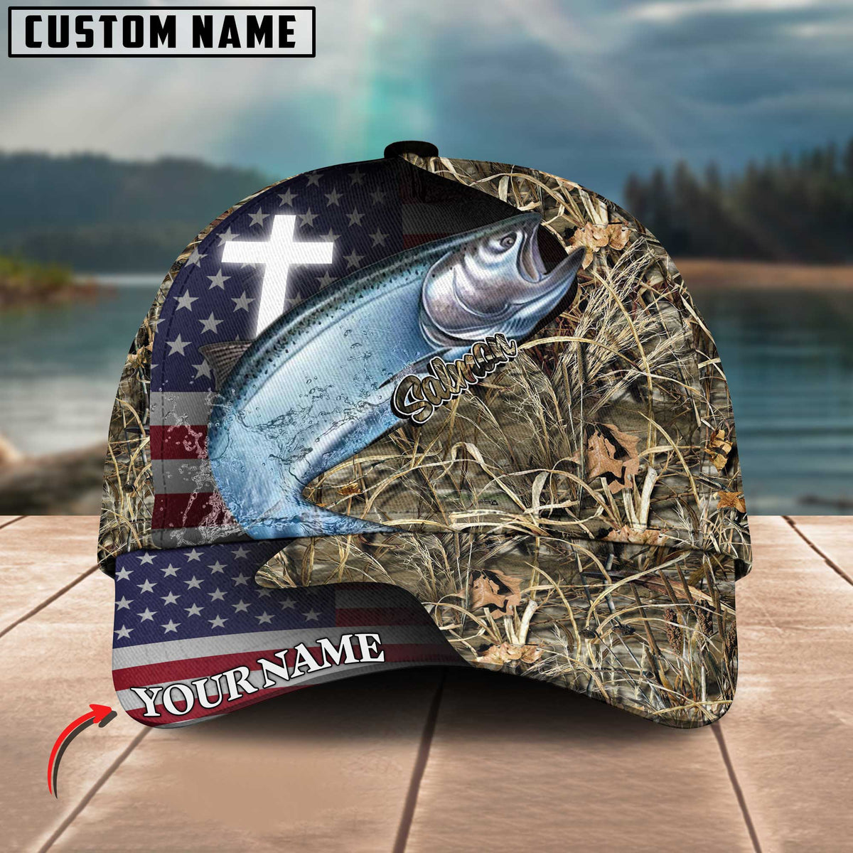 Blisscorners Personalized Salmon Fishing Grass Camo And US Flag Pattern Premium Classic 3D Cap