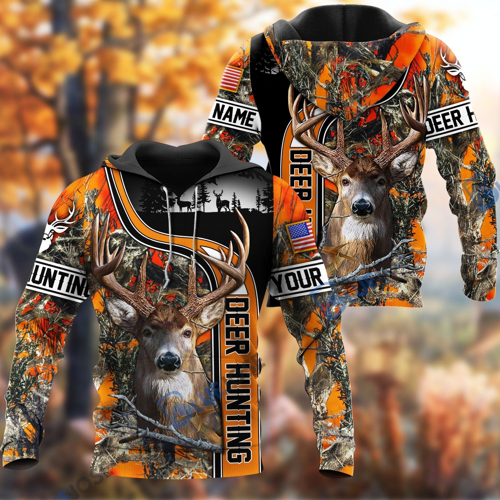 Blisscorners Personalized Name Deer US Flag Orange Hunting Pattern 3D Shirts