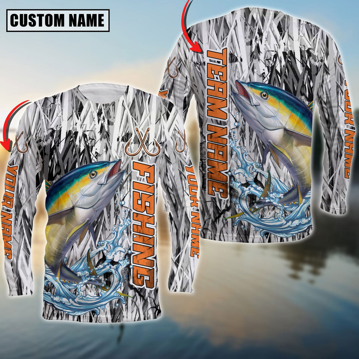 Blisscorners Tuna Fishing Grass Camo Pattern Premium Personalized Name And Team Name Long Sweat Shirt