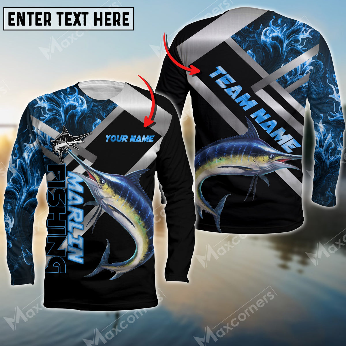 Blisscorners Marlin Fishing Blue Smoke Pattern Pro Sport Jersey Personalized Name And Team Name Long Sweat Shirt
