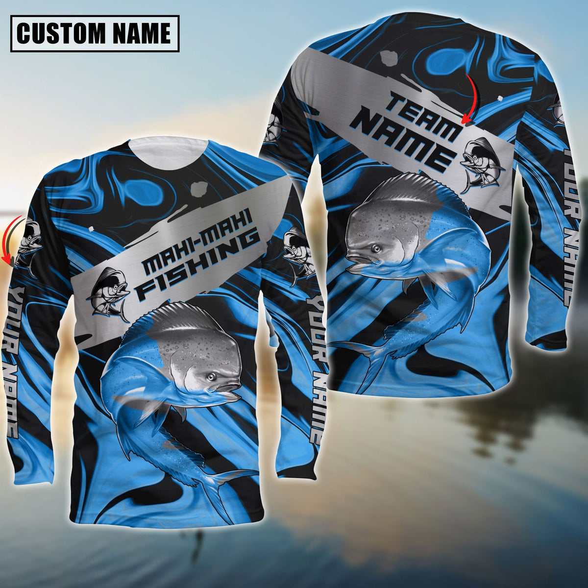 Blisscorners Mahi-mahi Fishing Blue Water Flow Pattern Premium Sport Jersey Personalized Name And Team Name Long Sweat Shirt