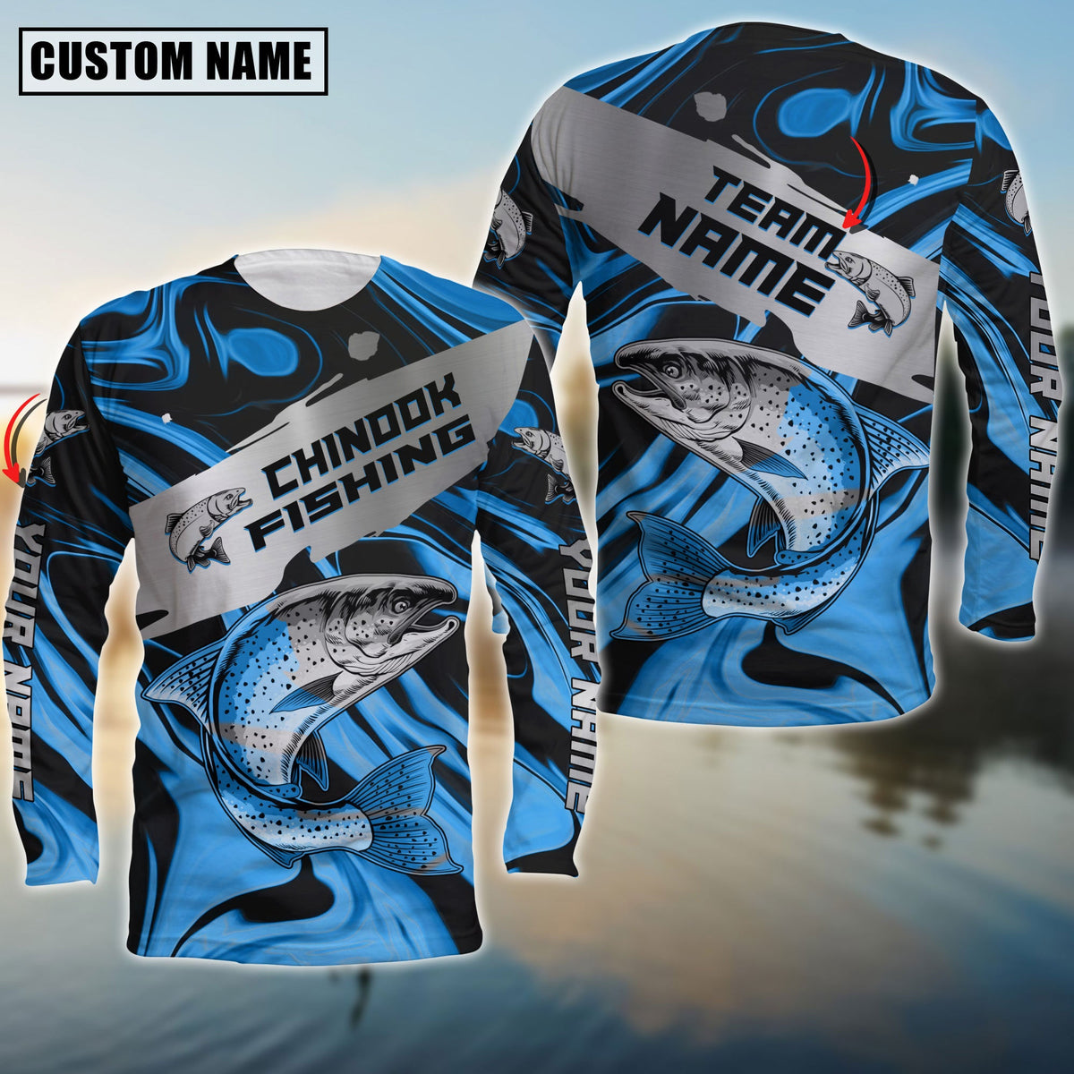 Blisscorners Chinook Fishing Blue Water Flow Pattern Premium Sport Jersey Personalized Name And Team Name Long Sweat Shirt