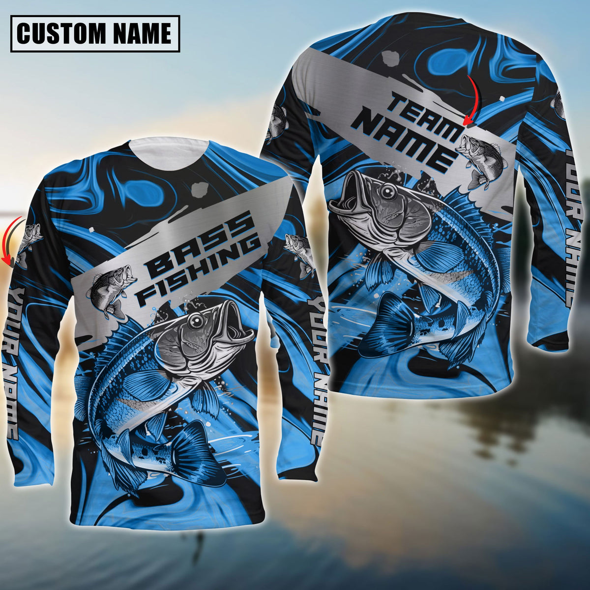 Blisscorners Bass Fishing Blue Water Flow Pattern Premium Sport Jersey Personalized Name And Team Name Long Sweat Shirt