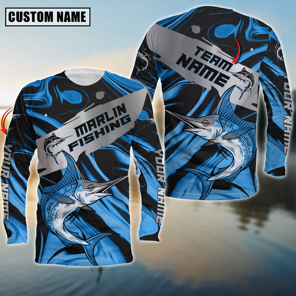 Blisscorners Marlin Fishing Blue Water Flow Pattern Premium Sport Jersey Personalized Name And Team Name Long Sweat Shirt