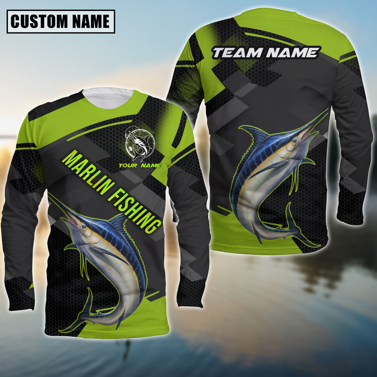 Blisscorners Marlin Fishing Green Pattern Pro Sport Jersey Personalized Name And Team Name Long Sweat Shirt