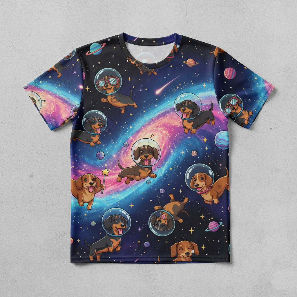 Blisscorners Dachshund Astronaut AOP T-Shirt - Galaxy Wiener Dog Space Adventure - Bestseller Design
