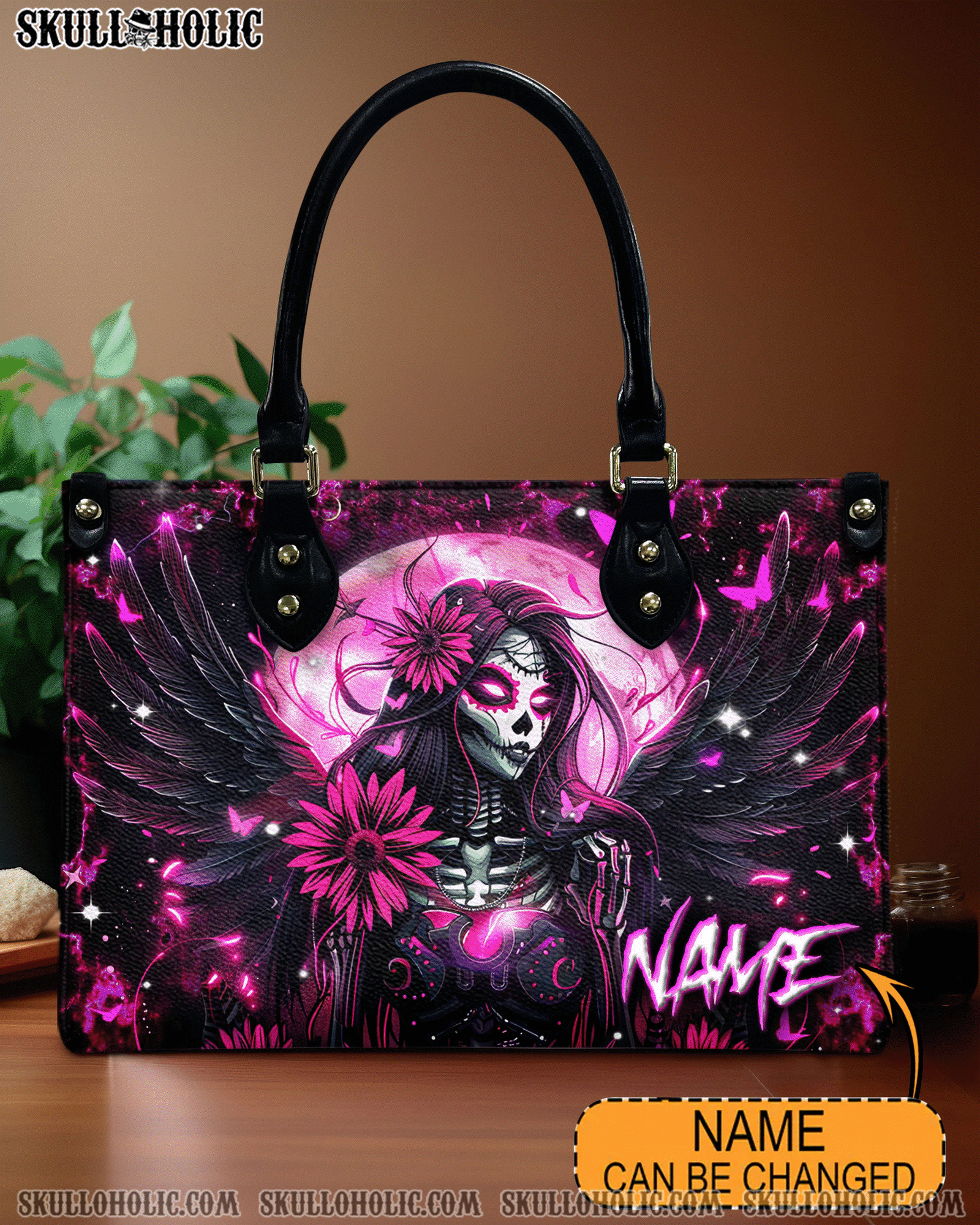 BLISSCORNERS PINK BLACK SKULL LADY LEATHER HANDBAG