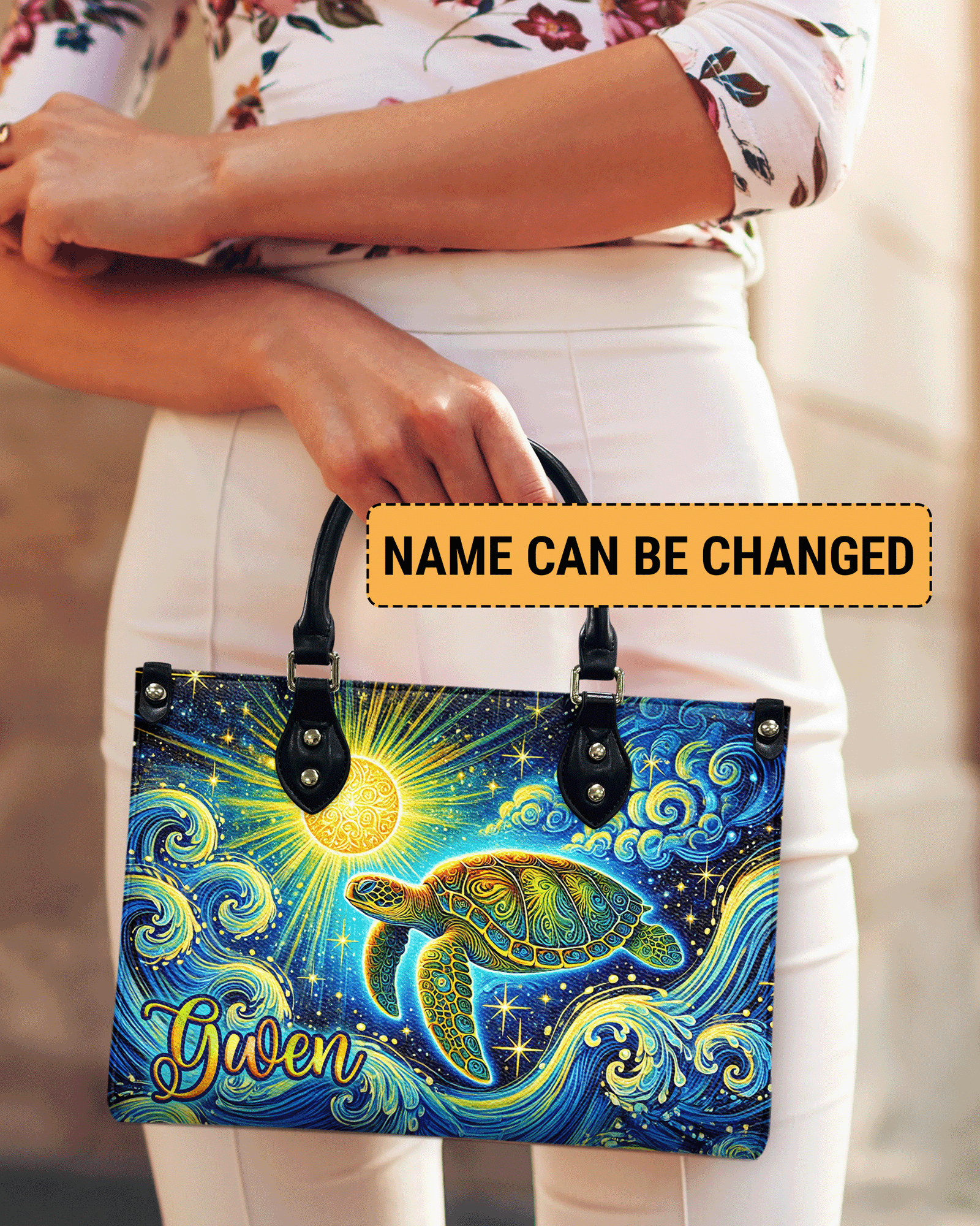 BLISSCORNERS TURTLE WAVES ART LEATHER HANDBAG